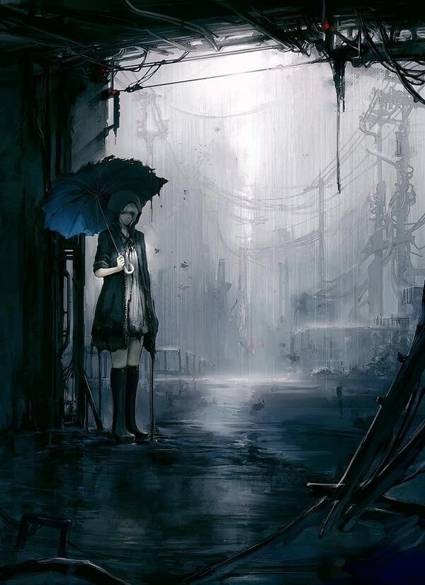 二次元 少女 手绘 雨 蓝伞 孤独 插画