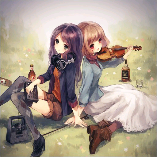 俩 闺蜜 关系的 二次元女孩.与及其一正 拉着小提琴.