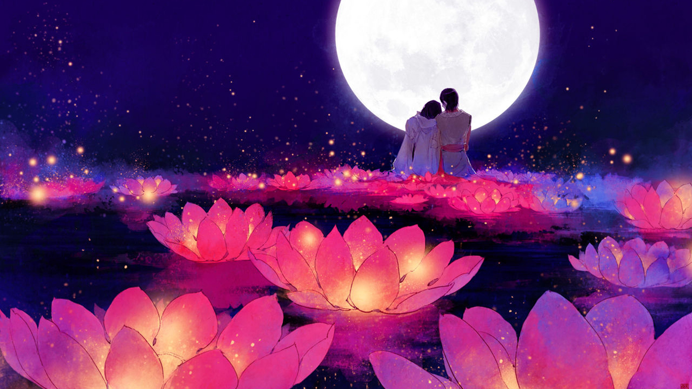 电脑壁纸 1366×768 月圆 古风 伊吹五月