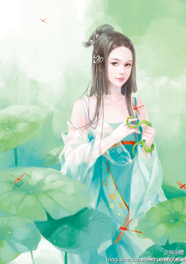 指尖糖 青蛇 少女 绿色 清新 秀气 荷叶 塘中少女 古风古韵 古装美人