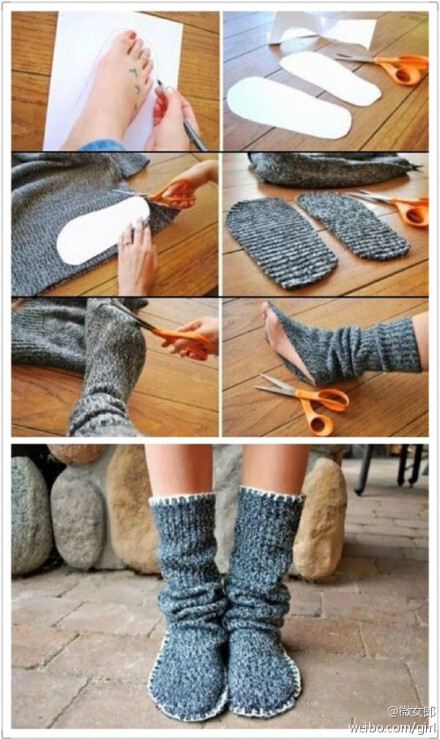 这是一款旧毛衣改造冬季居家保暖毛线鞋手工diy制作教程,看最后的成品