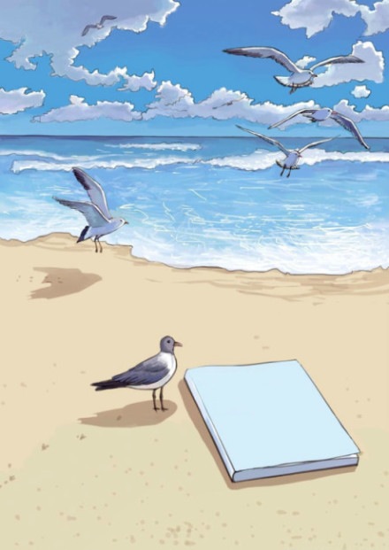 海边 海鸥 大海 沙滩 书本 桌面,屏保 截图 风景 小清新 手绘 插画