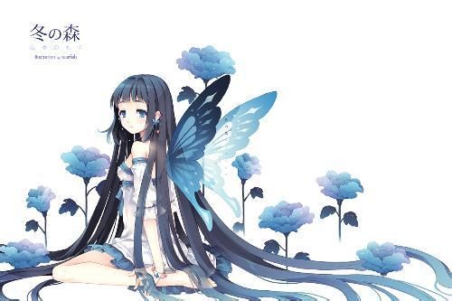 蝴蝶少女 蓝色 侧影 渲染 意境 唯美 动漫女孩 惊艳