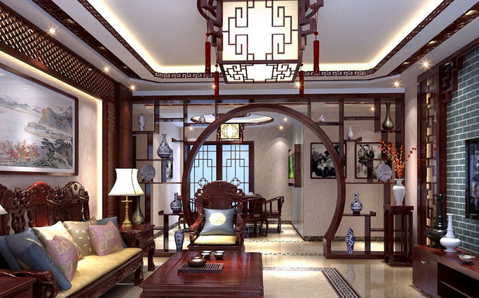 这是典型的中式复古韵味客厅,酷似苏州园林的圆形门在空间上将室内
