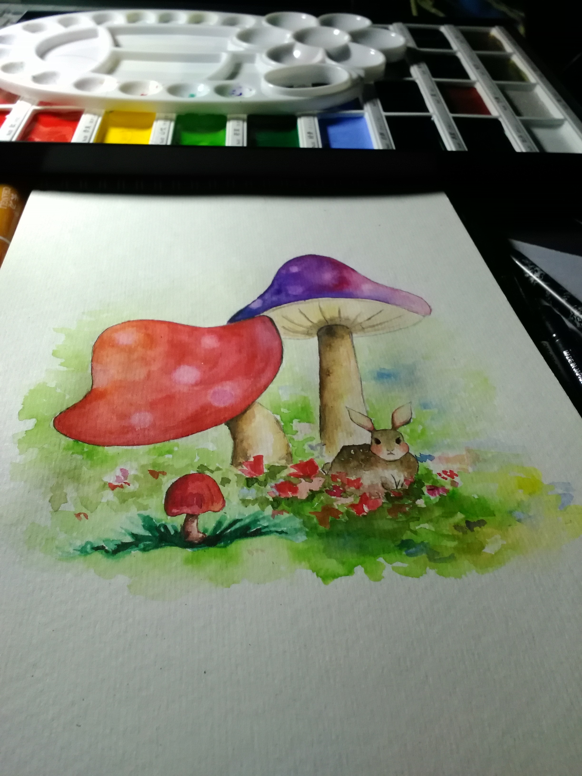 蘑菇和兔子~水彩插画