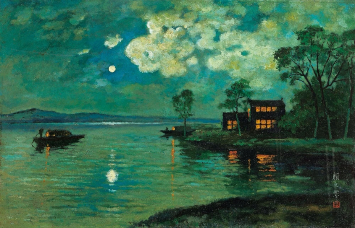 图为中国油画家颜文梁的作品《太湖夜幕》.