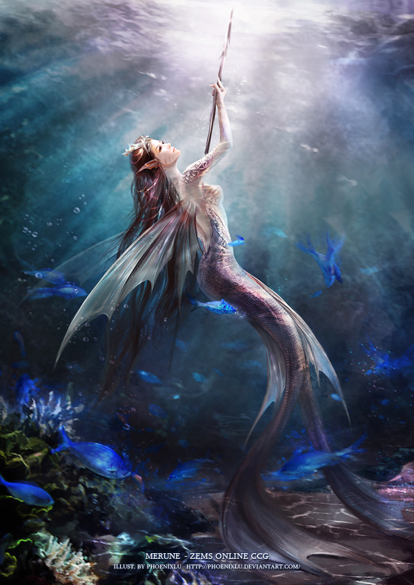 cg插画手绘扉页彩绘 美人鱼蛟人 海洋美女海底世界