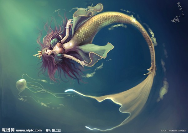 cg插画手绘扉页彩绘 美人鱼蛟人 海洋美女海底世界
