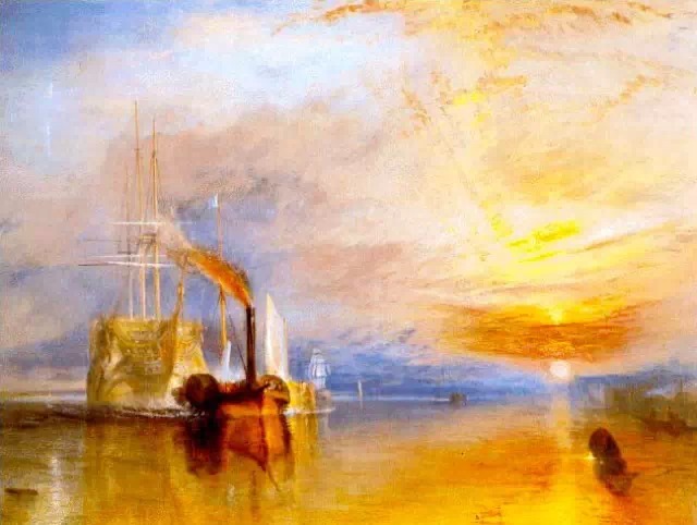 图为英国著名风景画大师威廉姆·透纳的作品《金色水面上的帆船》.