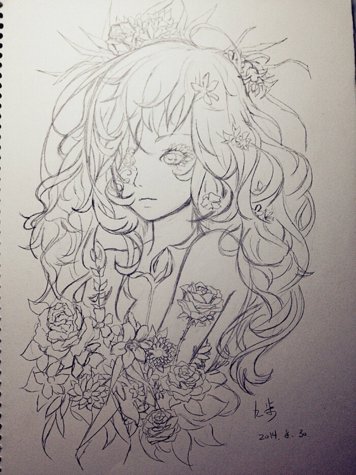 原创 花 少女 线稿 日常 插画 手残 九步