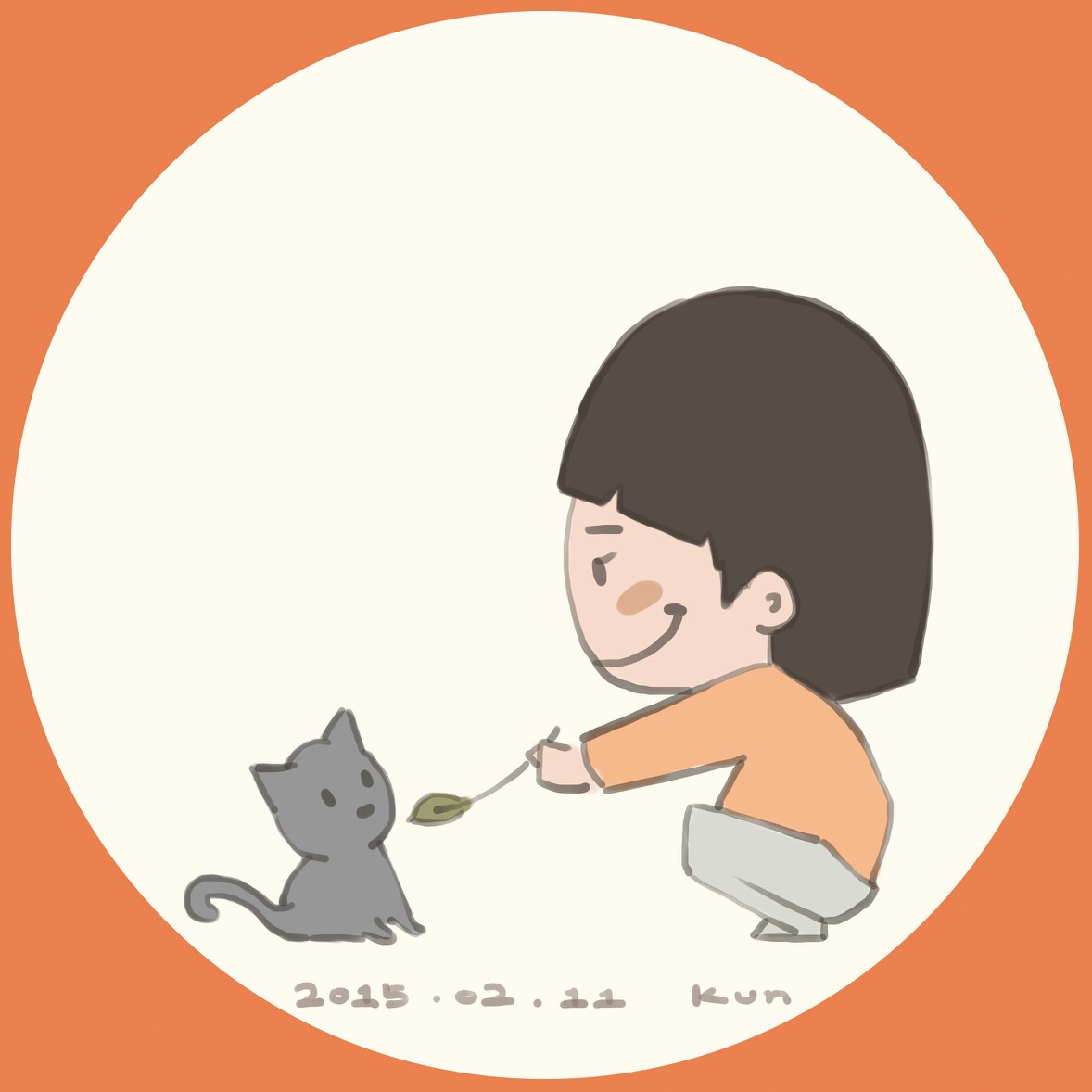 小小画2月11日#墙墙猫咖啡馆,一个小朋友在逗猫猫,大人说"宝宝不要耍