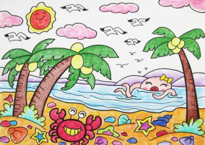 儿童绘画《海边》