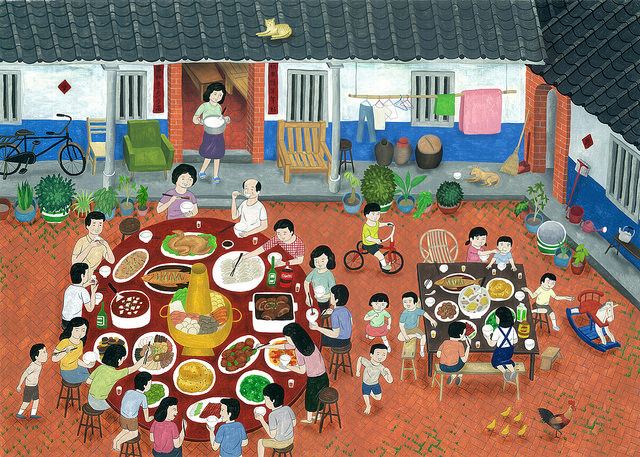 吃团年饭饭,是春节家家户户最热闹愉快的时候. by: 台湾插画家, 良根.