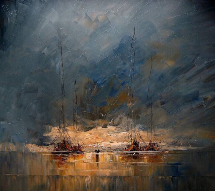 波兰画家 justyna kopania 的油画作品,忧郁的海景,调色刀厚涂的天空