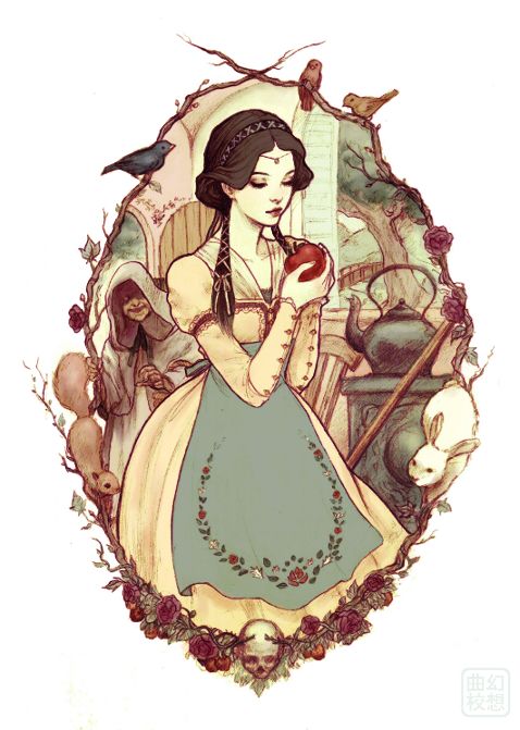 手绘.白雪公主.苹果.童话.插画.