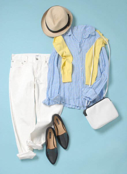 清爽休闲 蓝色格子亚麻衬衫+黄色圆领针织开衫