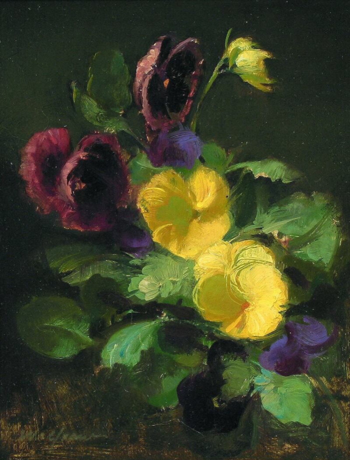 静物油画—盛开的黄色和紫色花朵