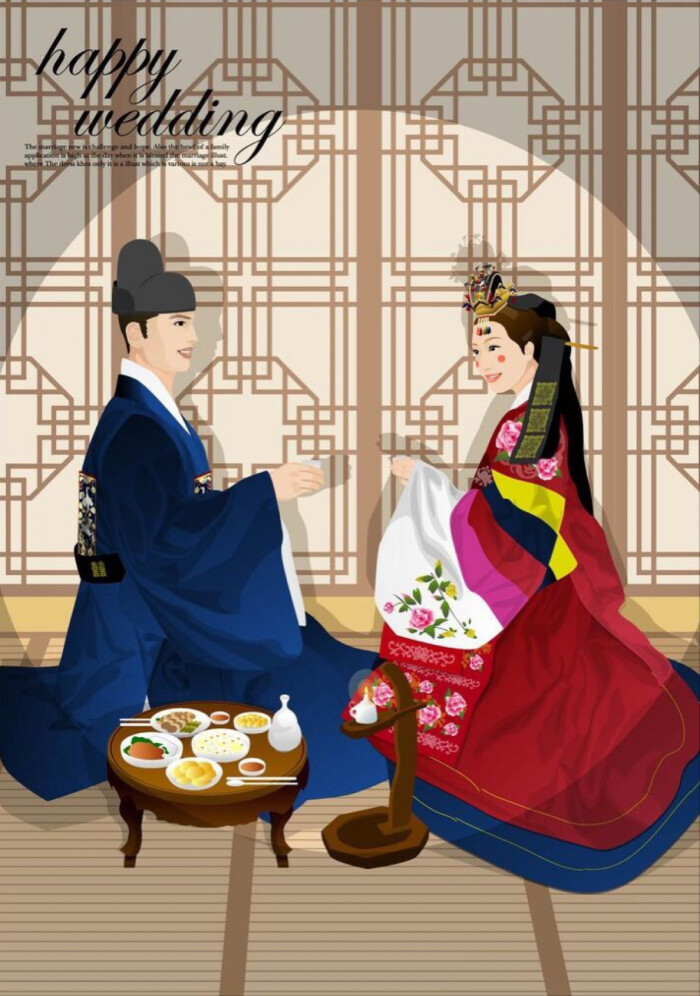 穿韩国古代服饰的卡通夫妻插画