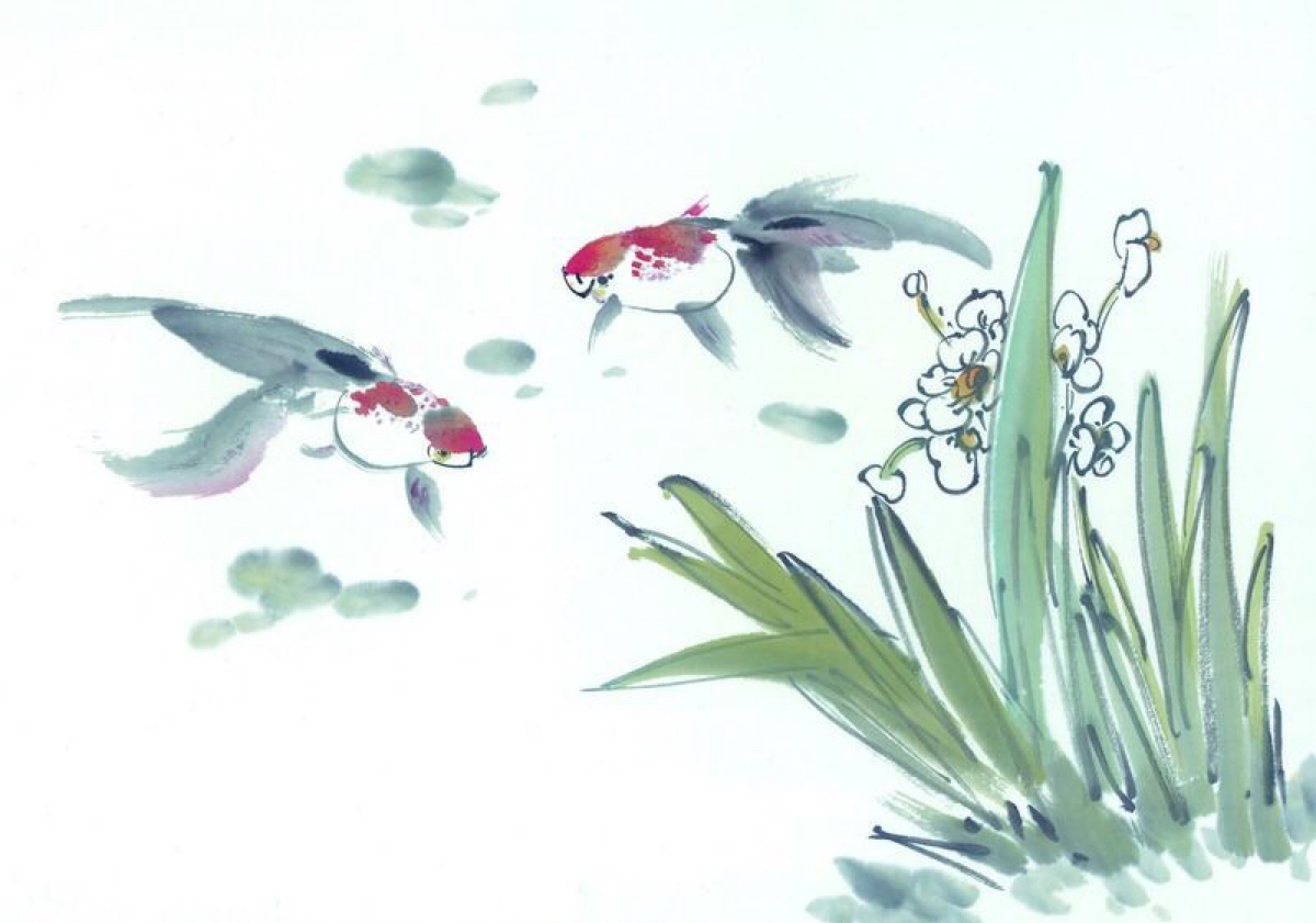 水墨画—花朵边池塘里的金鱼