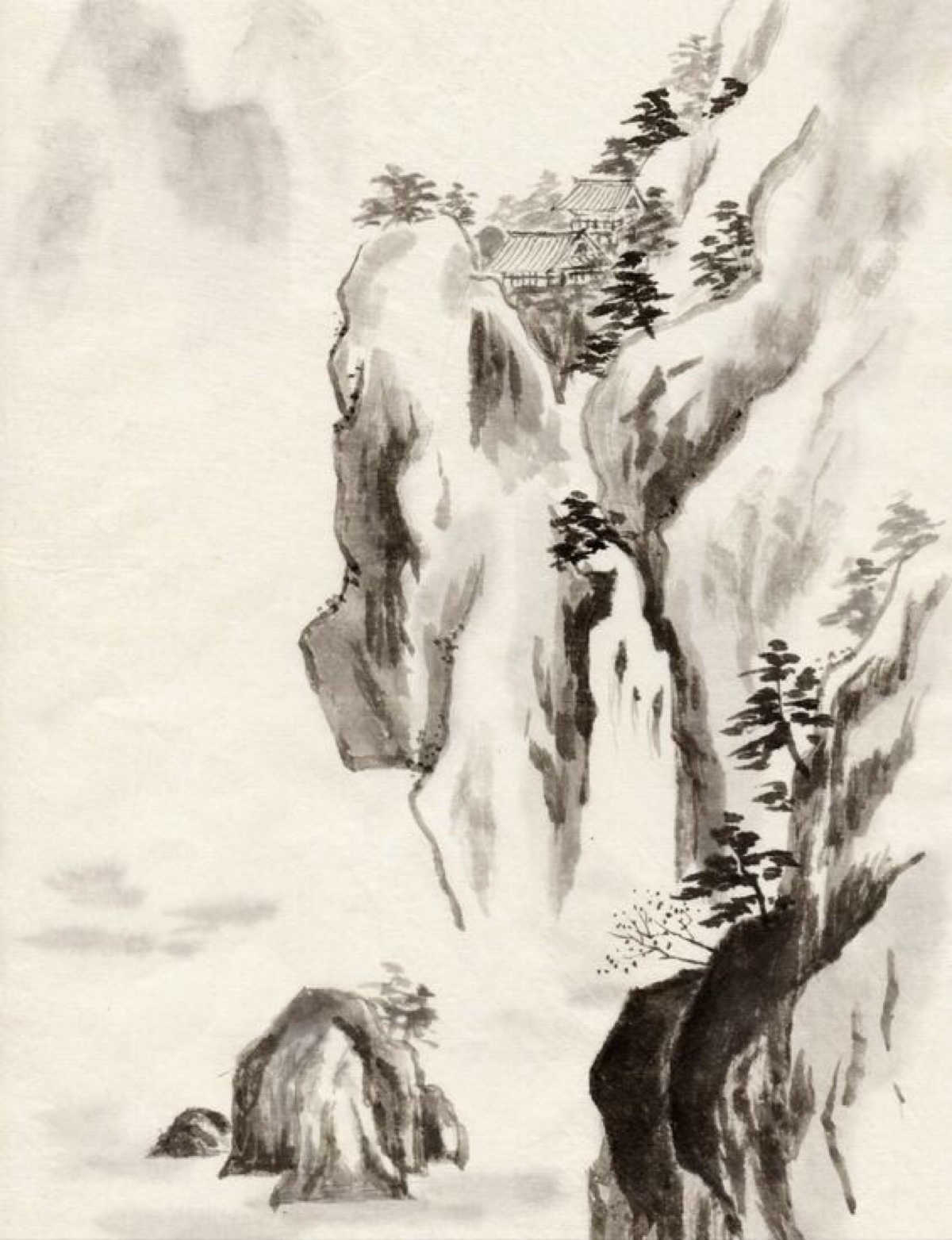 山石瀑布水墨画图片