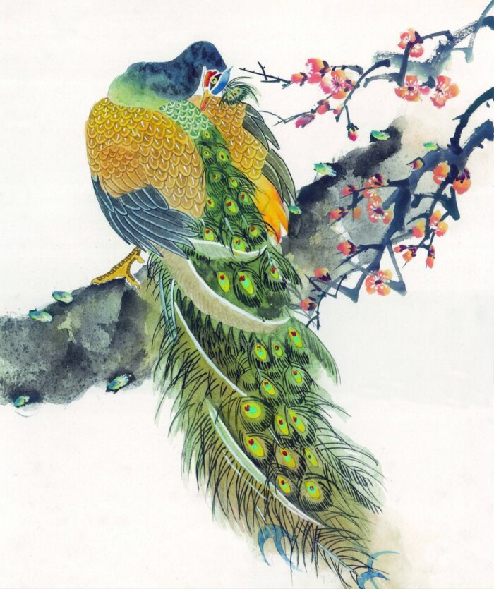 水墨画—树枝上的孔雀