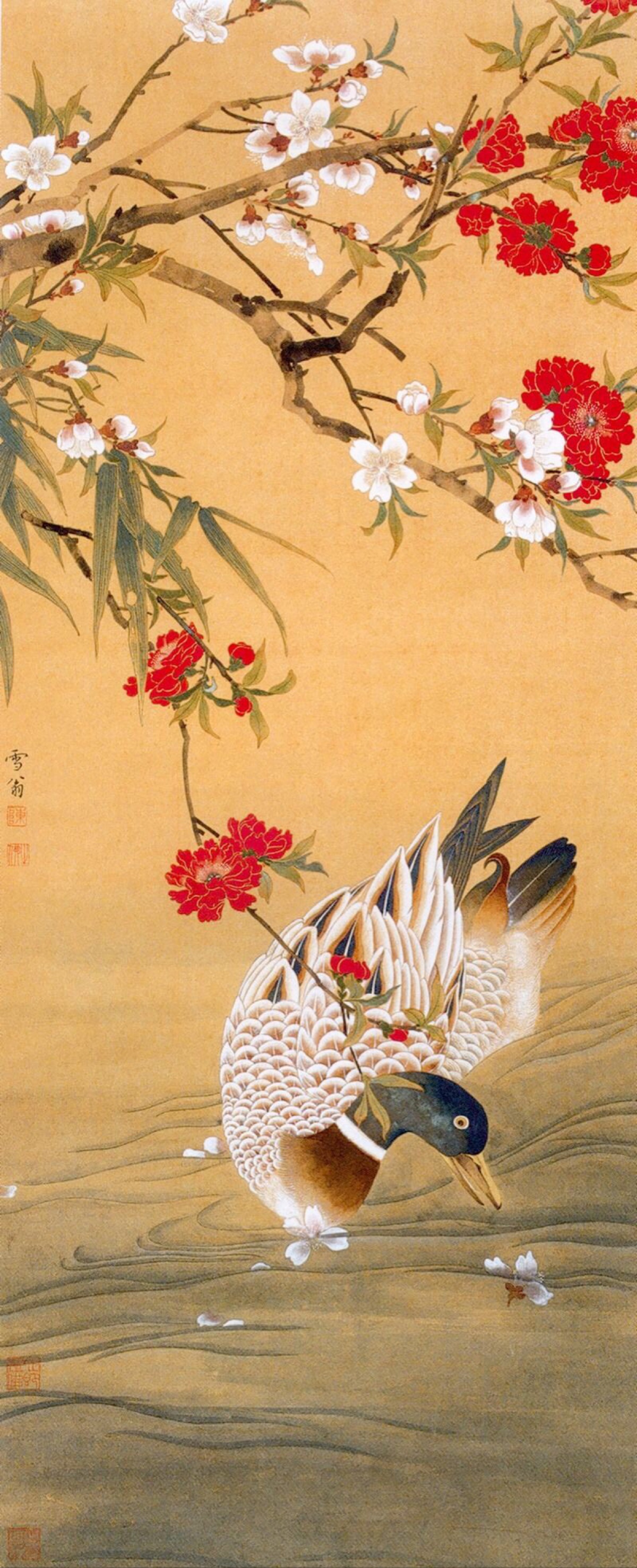 中国传统绘画-花枝下水波上的低头啄花的大雁