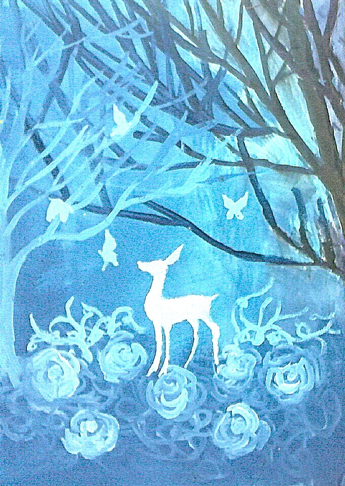 森林系,唯美插画,水粉水彩油画,小鹿