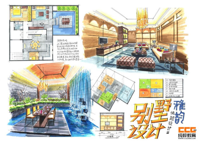 广州纯粹教育-快题设计-别墅设计-别墅手绘-室内手绘课程学生作品