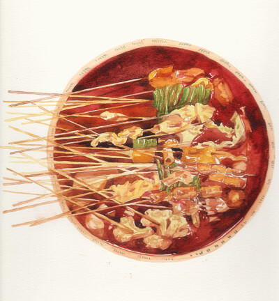 手绘水彩 美食食物 插图插画 涂鸦绘图 吃货福利 四川特色 串串香