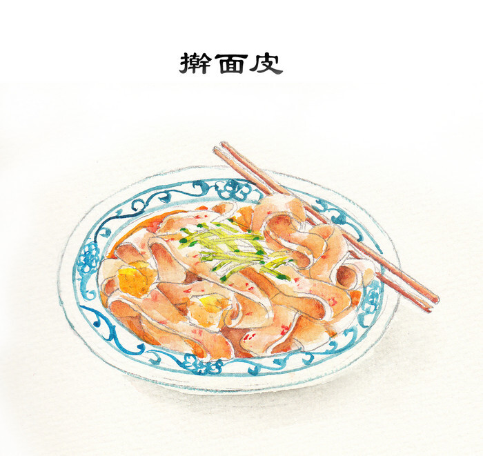 手绘水彩 美食食物 西安美食 擀面皮 by:桃金娘 涂鸦王国 插图插画