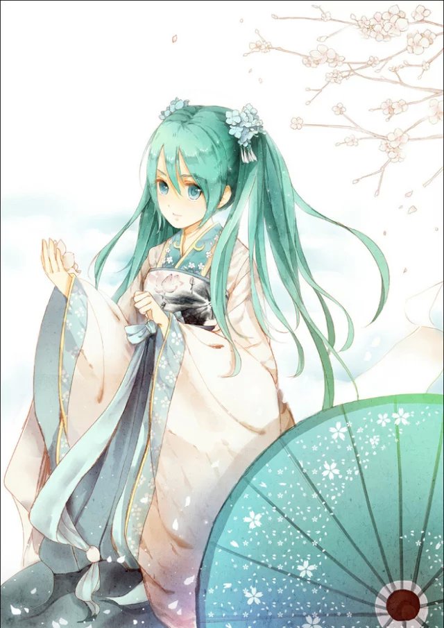 二次元 古风 初音未来 美少女 淡雅 唯美 意境 伞 梦幻 残花,待君千年