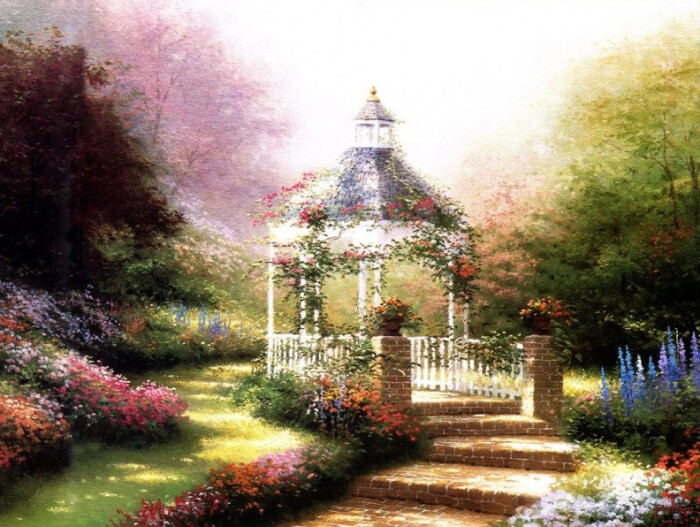 温馨田园风景油画.出自-thomas kinkade.