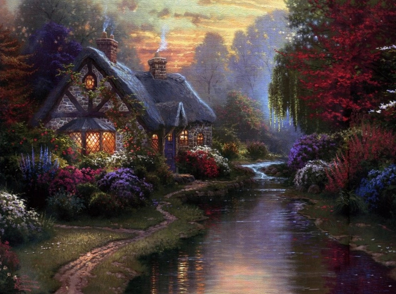 温馨田园风景油画.出自-thomas kinkade.