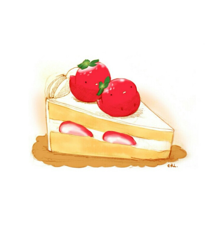 萌物系列 手绘水彩 美食食物 甜点下午茶 小鸡仔草莓蛋糕