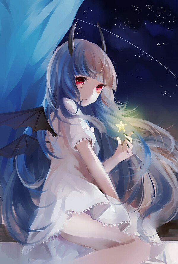 蓝色 冷色系 p站 二次元 动漫 手绘 唯美 意境 插画 少女