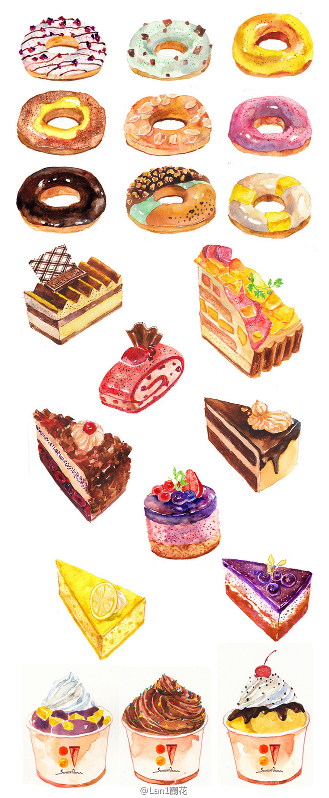 甜品 水粉彩铅 插图插画 涂鸦 甜甜圈 草莓巧克力 芝士蛋糕 杯子蛋糕