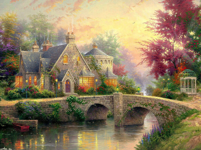 温馨田园风景油画.出自-thomas kinkade.