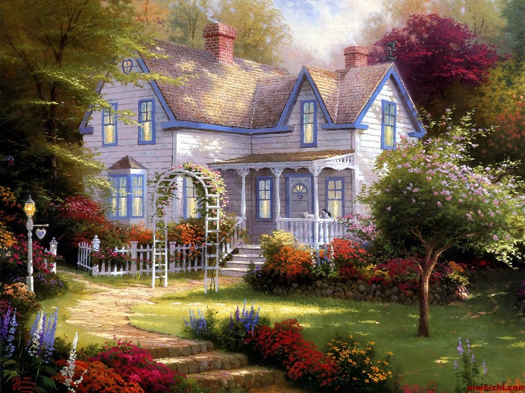 温馨田园风景油画.出自-thomas kinkade.