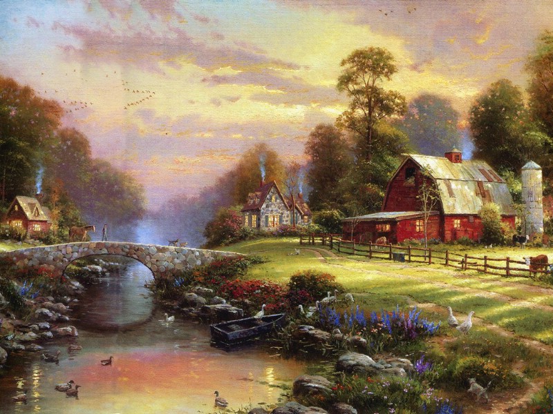 温馨田园风景油画.出自-thomas kinkade.