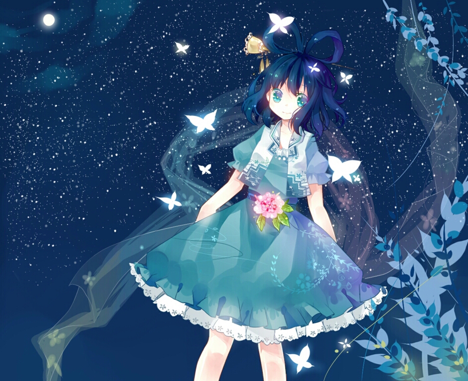蓝色 冷色系 p站 二次元 动漫 插画 壁纸 意境 唯美 少女 星空