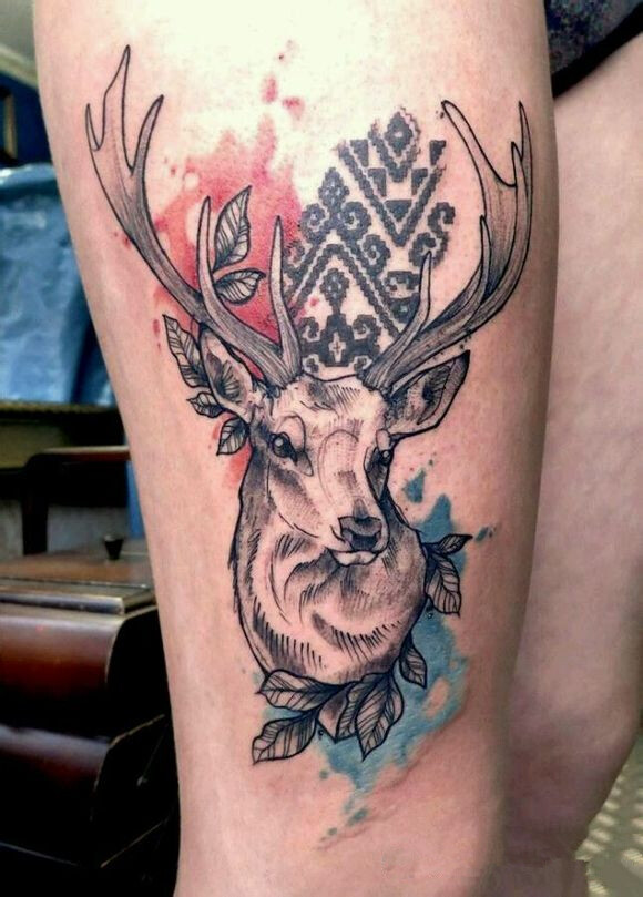 腿部纹身鹿纹身水彩泼墨纹身白描素雅麋鹿纹身
