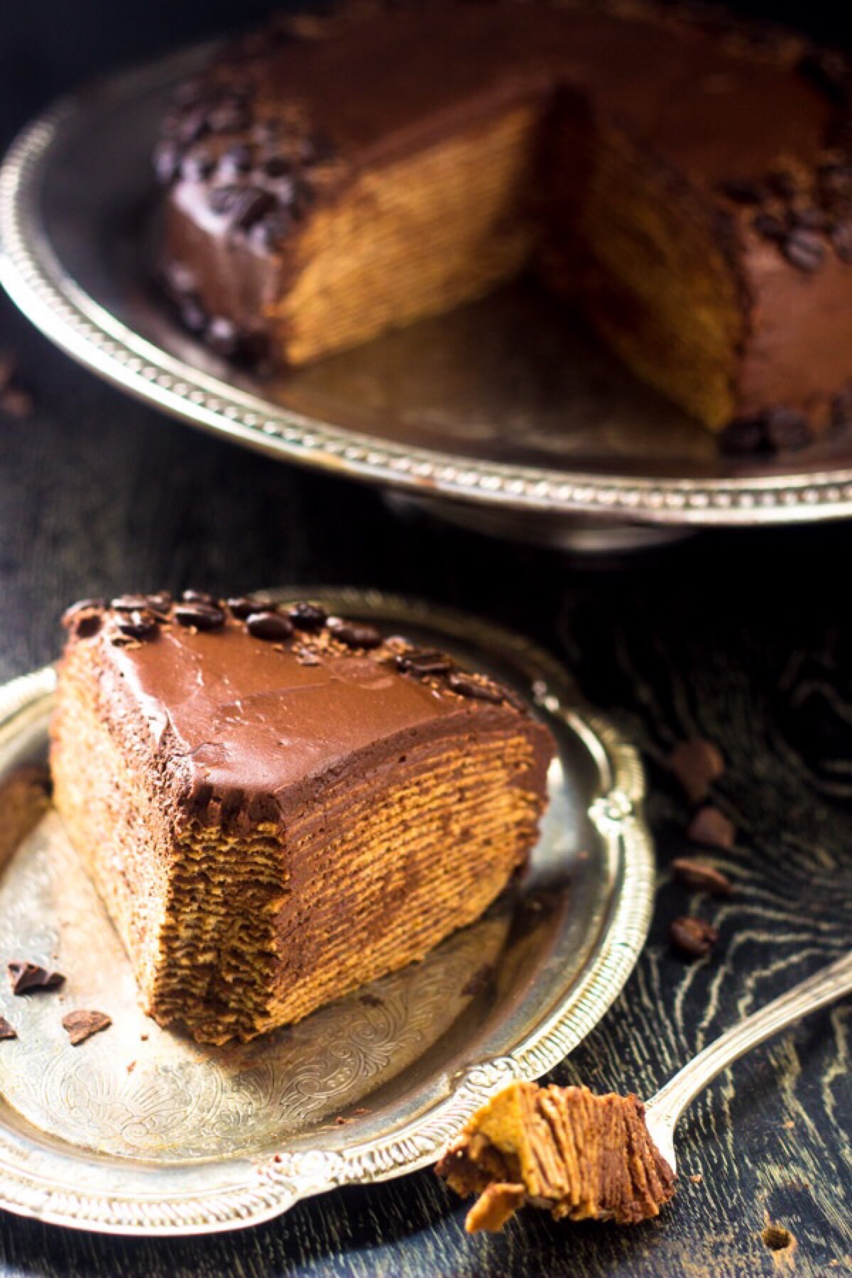 crepe cake with chocolate coffee ganache