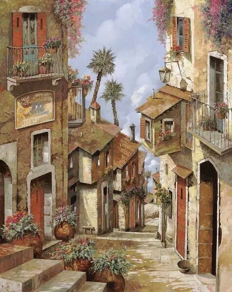 【午后的阳光,熟悉的街道】--guido borelli 欧洲风景油画