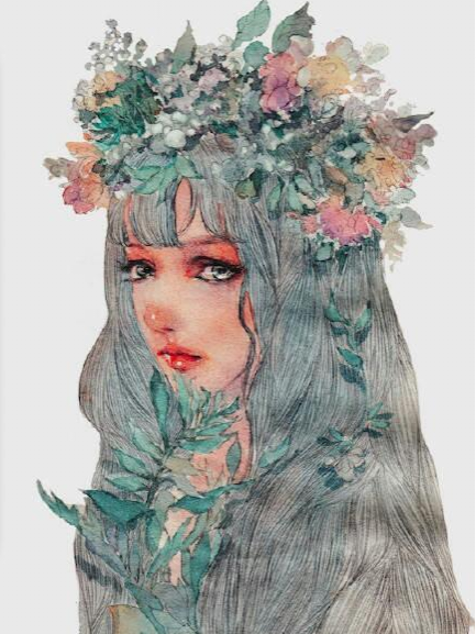 壁纸头像少女萌妹人物长发动漫水彩手绘插画植物花朵伤感治愈线条