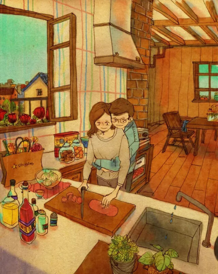 韩国温馨插画 好暖好温馨 卡通壁纸 头像 情侣间最好的状态呀
