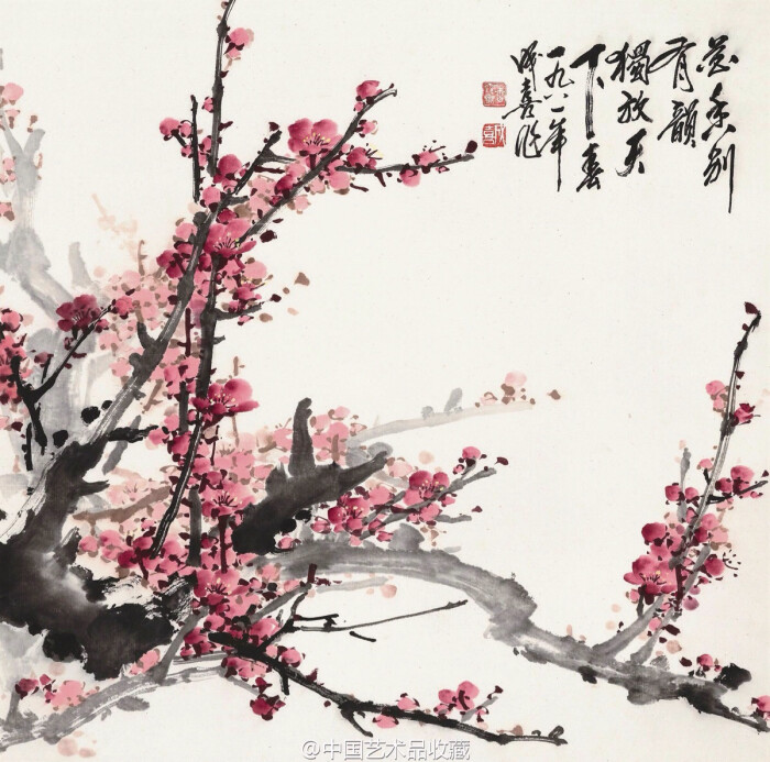 与古人所画的梅花以孤高,冷艳,雅致为尚的格调不同,画家展现了梅花