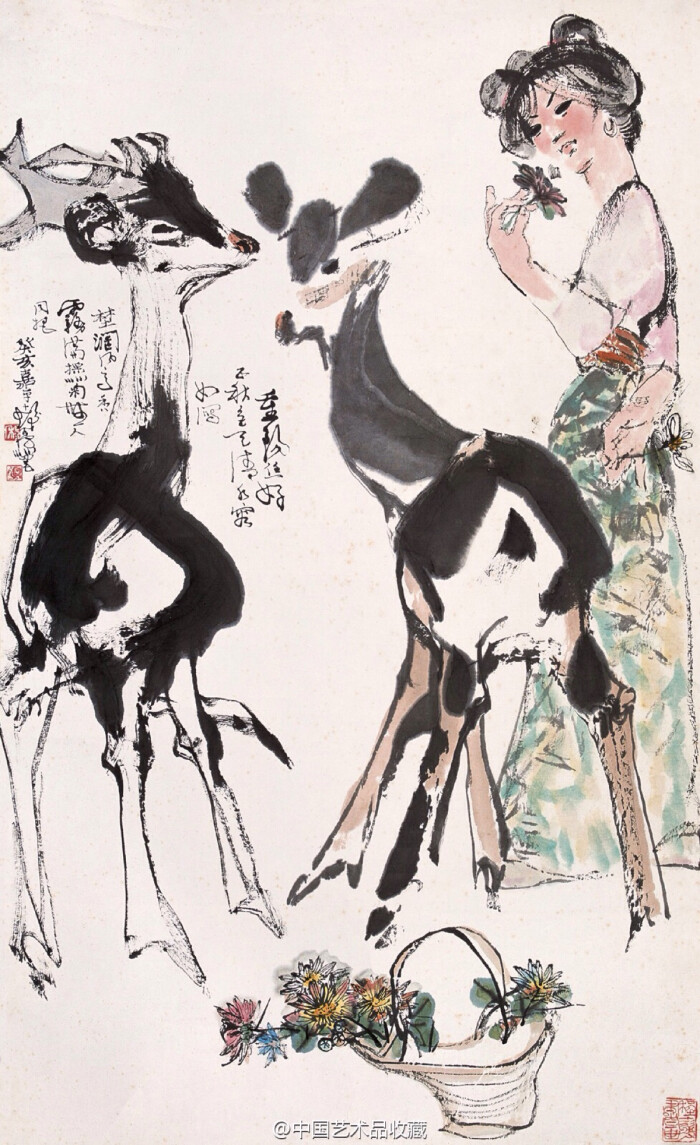 【 程十发 《少女图》 】鹿,鹤,羊为祥瑞之物,常常被纳入画家的笔端