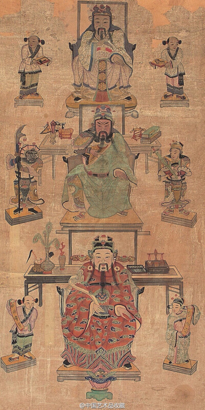 【清 佚名 《文武财神像》 】立轴,纸本设色,162×81cm.