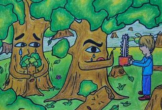 儿童画。宣传爱护花草树木,禁止砍伐。