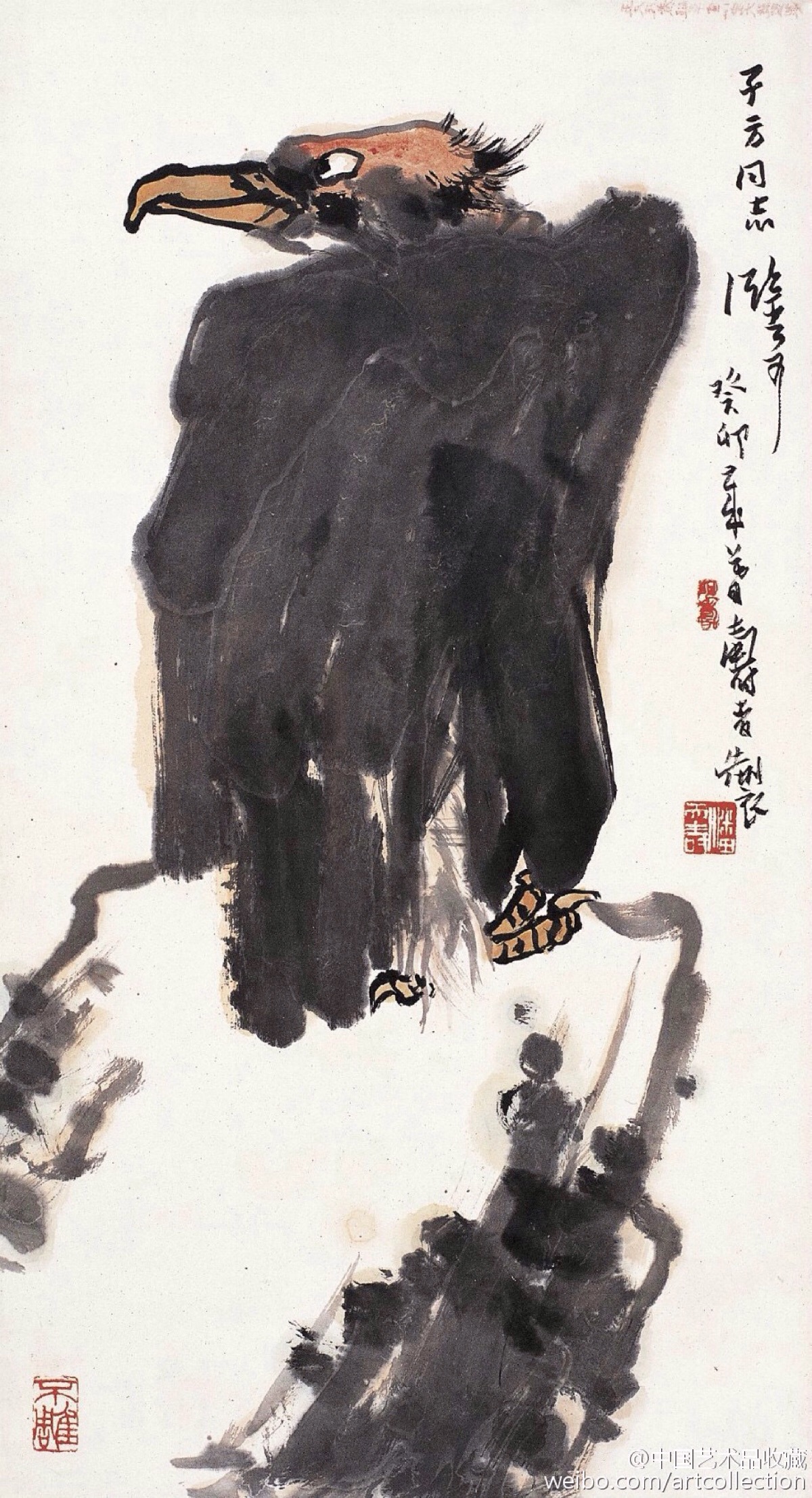 【 潘天寿 《灵鹫盘石图》 】立轴,纸本设色,74×40.5cm,1963年作.